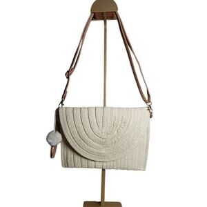 Cream Woven Straw Envelope Bag Crossbody or Clutch with Embroidery & Pom Pom